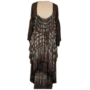 LotusTraders Dress Womens 5X Brown Batik Maxi Trapeze Boho Asymmetrical Ruffle